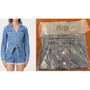 Paige Size 6 Maggy Tie Waist Denim Romper Tracey Medium Wash Long Sleeve $259